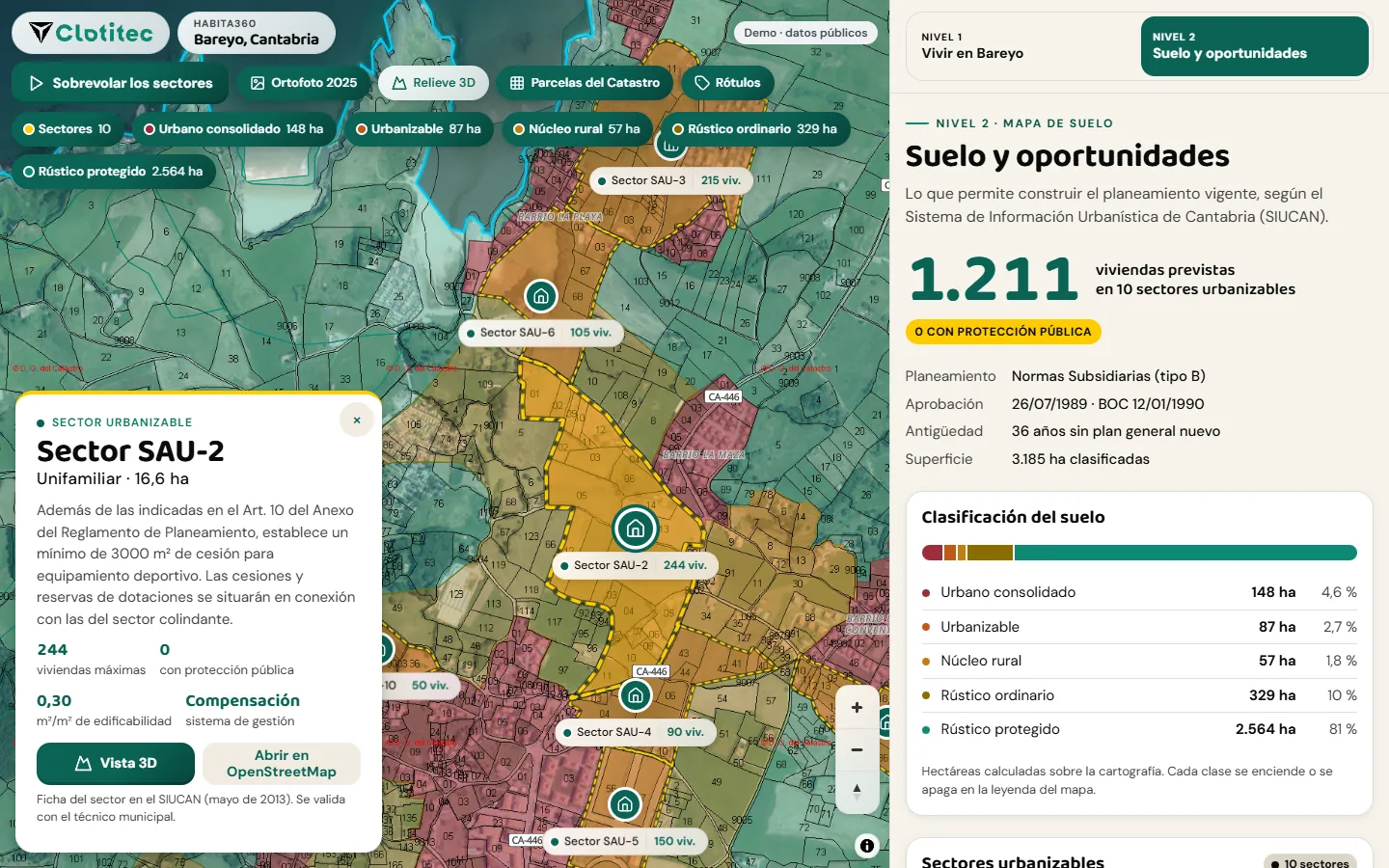 Sector urbanizable de Bareyo cruzado con las parcelas del Catastro, con la ficha del sector abierta