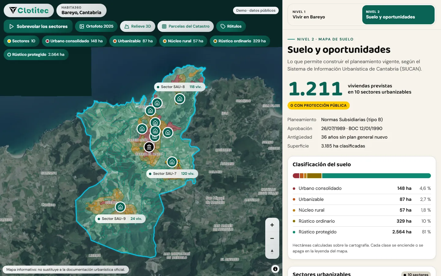 Mapa de Bareyo sobre ortofoto con los sectores urbanizables y, a la derecha, la ficha con 1.211 viviendas previstas
